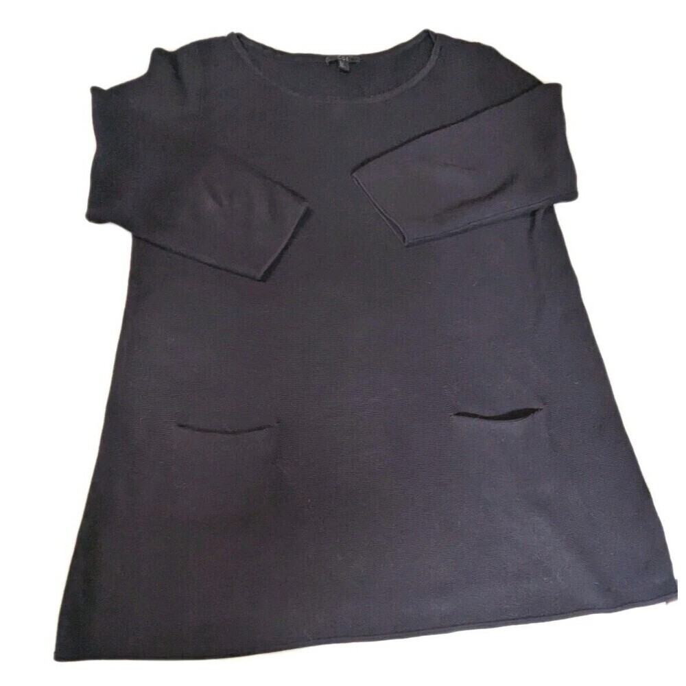 COS Black 100% Cotton Textured Knit Tunic Sweater Dress Pockets Large